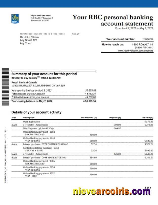 Canada Royal Bank of Canada (RBC) bank statement, Word and PDF, 4 pages, version 2